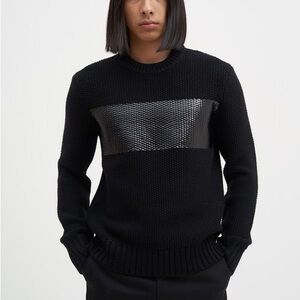 Helmut Lang 100% Wool Black Crewneck Sweater w Contrasting Vinyl Stripe Panel, M